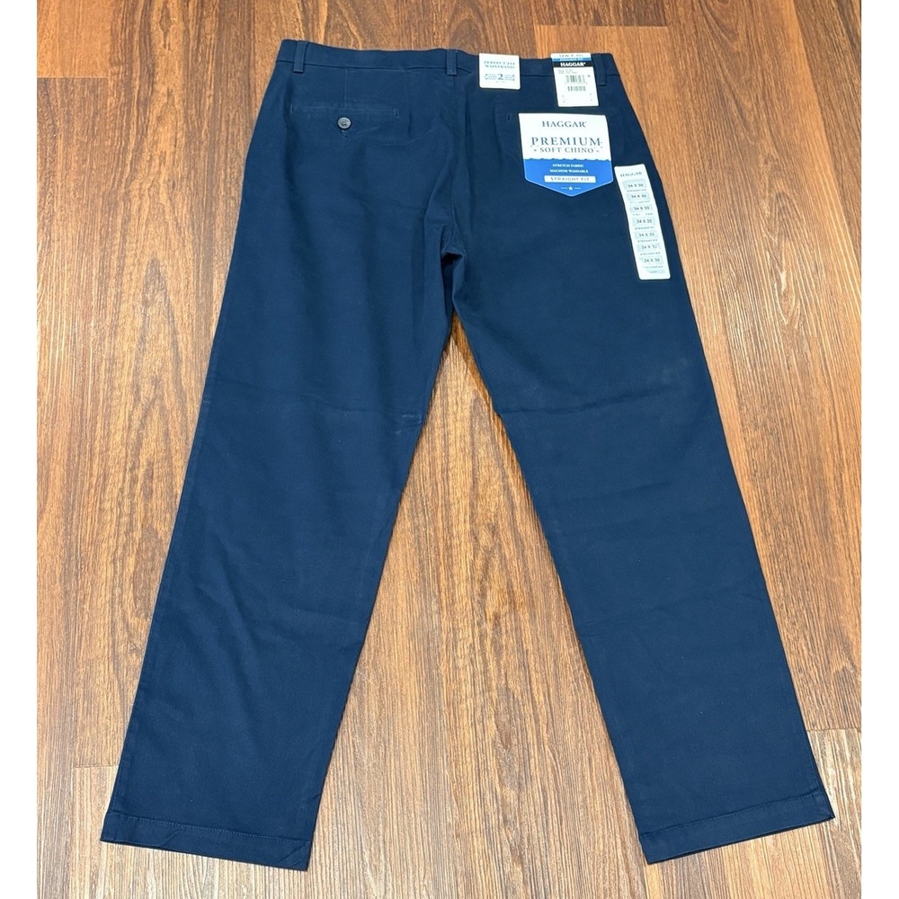 NEW Haggar Straight Fit Mens Pants 34W x 30L Waistband Navy Premium Soft Stretch - Picture 2 of 14